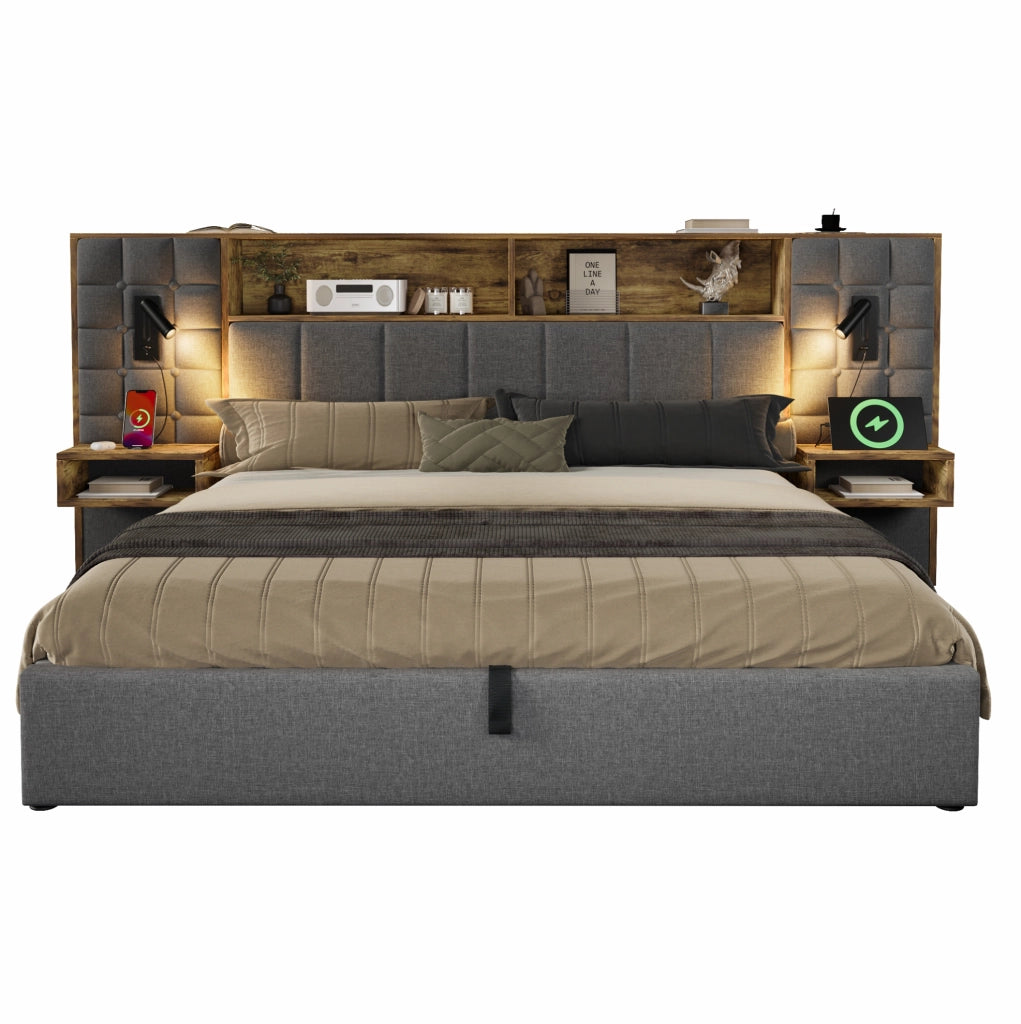 Letto matrimoniale 160x200 cm in lino grigio con contenitore; lampade da lettura e prese USB Type-C