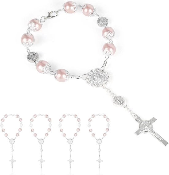 Cinturino di croce rosario - decorazione battesimale cattolica comunione - regalo di compleanno per ragazze - decorazione per il battesimo auto - 10 pezzi rosa