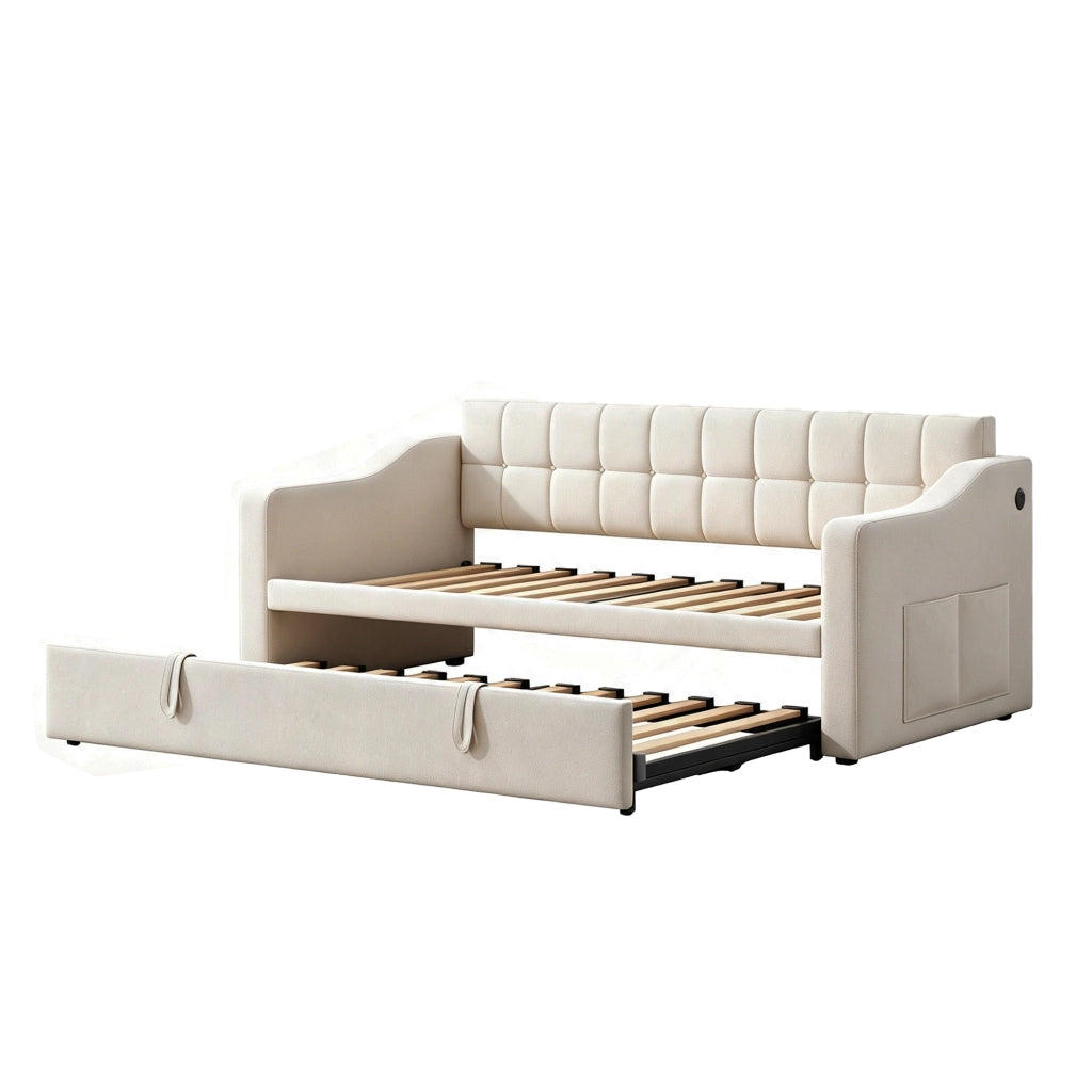 Letto divano estraibile singolo 90 × 190 cm con USB, tessuto velluto, senza materasso, beige per camera ospiti