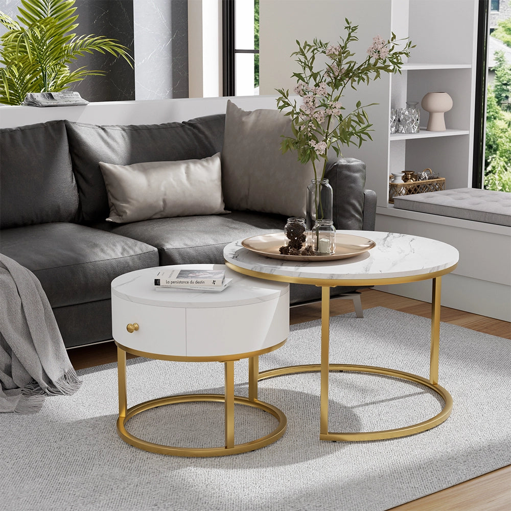 Vicco Set di tavolini Marmo bianco 70 x 70 cm , tavolino con cassetto