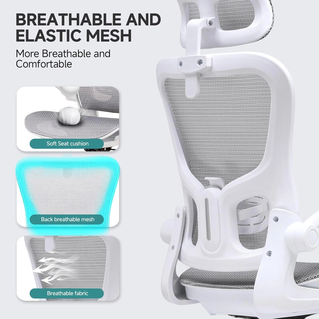 Sedia da ufficio, sedia da scrivania, ergonomica, in rete a doppio strato, traspirante, supporto lombare adattabile, poggiatesta regolabile, per home office, sedia girevole da 150 kg, bianco