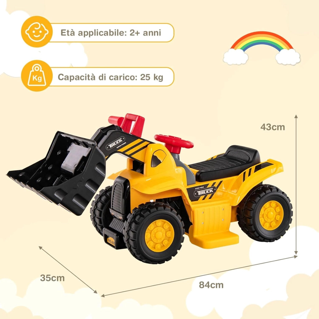 Escavatore Elettrico per Bambini, Ruspa Cavalcabile con Benna Controllabile Vano Nascosto Effetti Sonori e Canestro da Basket Pieghevole e 3 Palline, per Bambini 2 Anni+