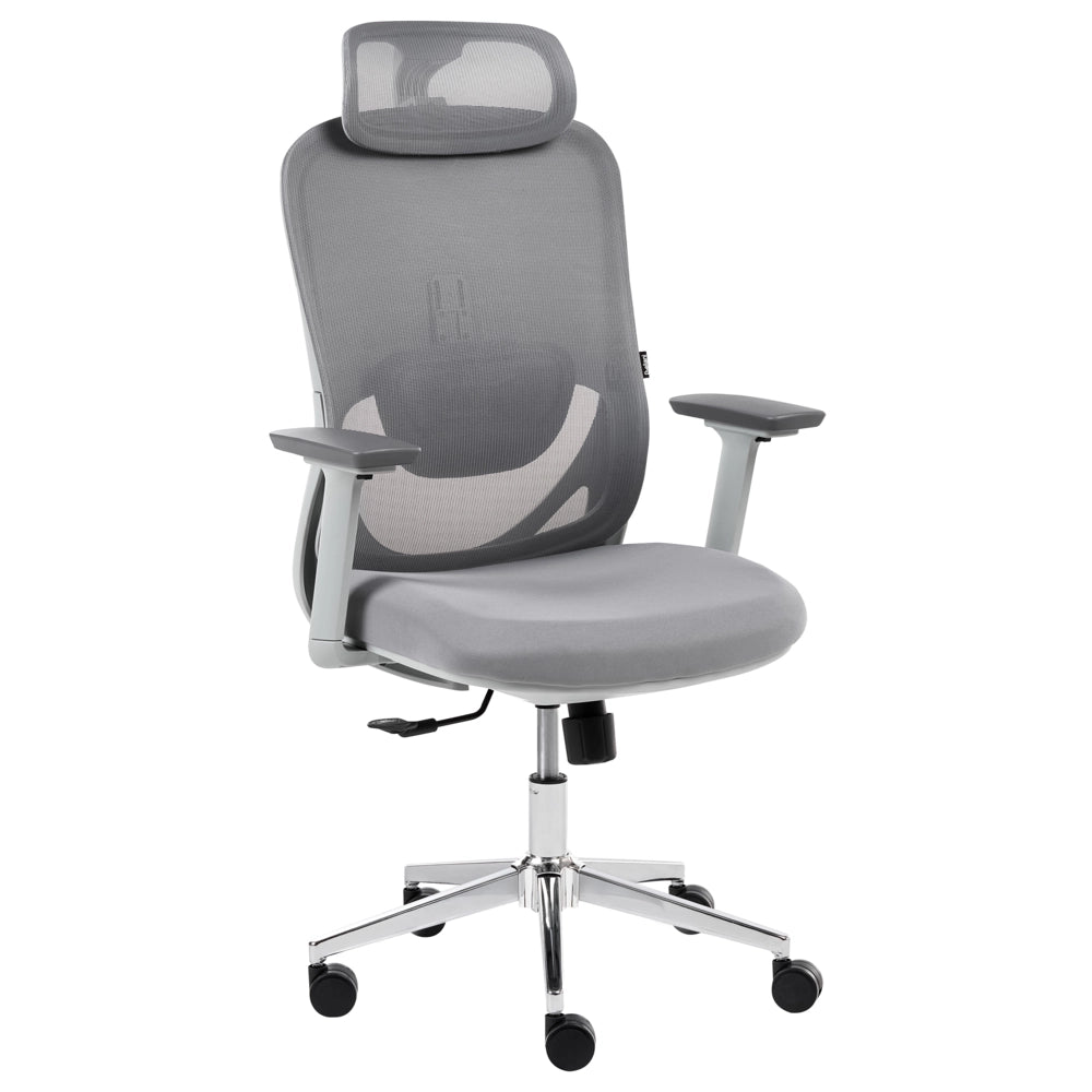 Sedia da ufficio in rete grigio, rotelle in plastica, girevole, schienale reclinabile, regolazione in altezza, braccioli, poggiatesta regolabile, moderna ed ergonomica