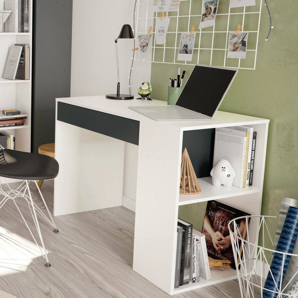 Scrivania Attila, Scrittoio reversibile con cassetto, Tavolo da studio o ufficio porta PC, cm 101x50h73, Bianco e Antracite