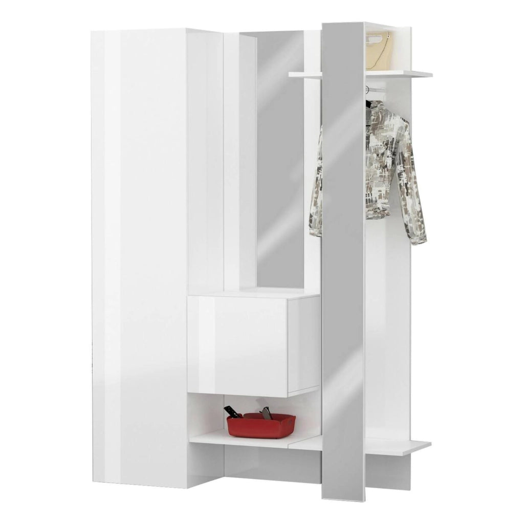 Mobile da ingresso Arabelle, Armadietto multifunzione a 2 ante, Appendiabiti da parete con 2 specchi, 140x35h190 cm, Bianco