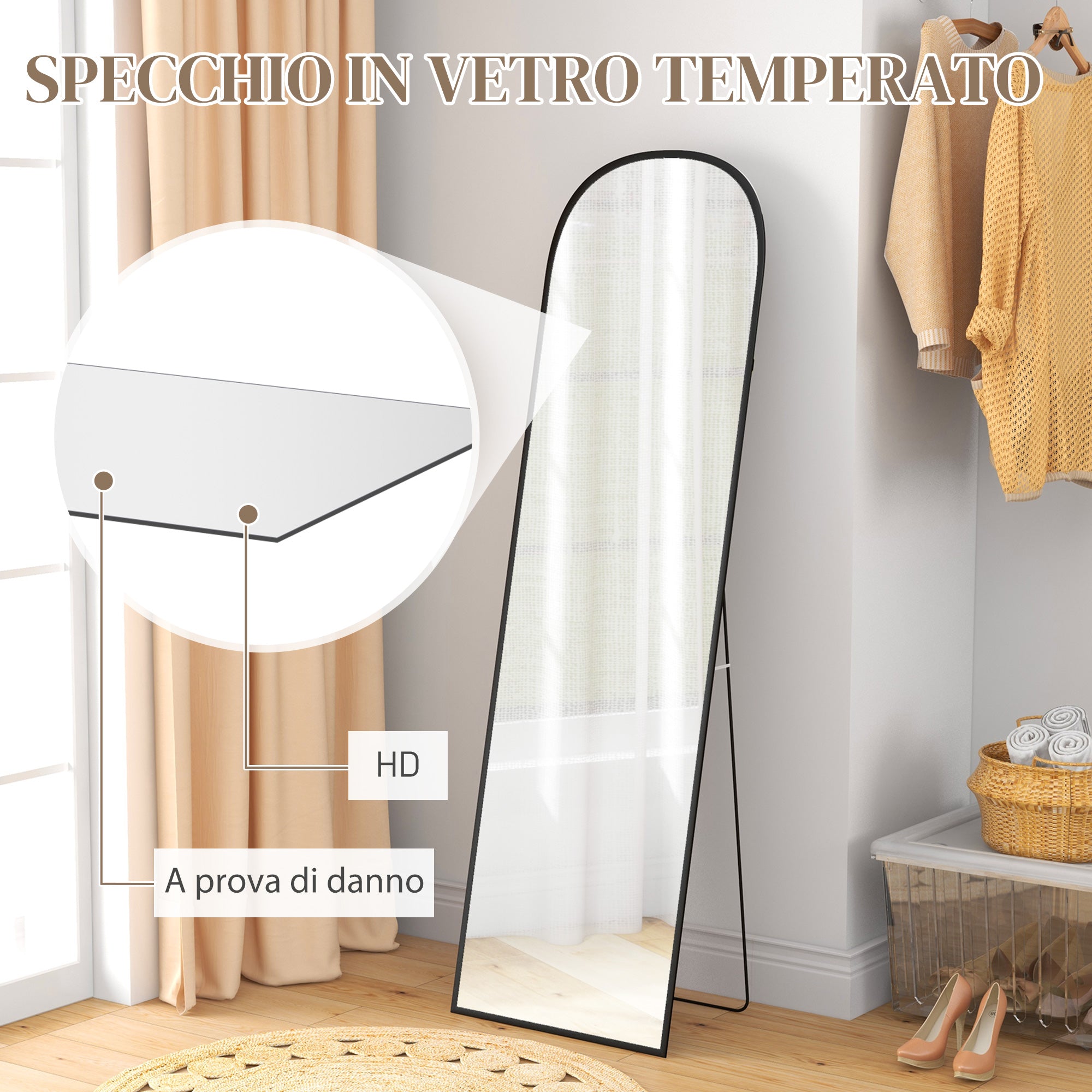 Specchio da Terra e Parete Moderno con Supporto Pieghevole 50x170 cm in Lega di Alluminio Nero