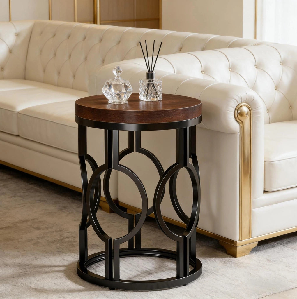 Tavolino rotondo ?45 x 50 cm in MDF e metallo nero e marrone rustico