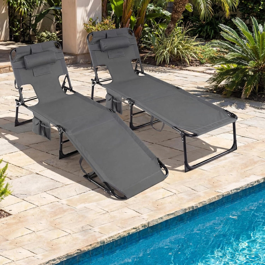Lettino Prendisole da Spiaggia, Sdraio Mare Pieghevole Portatile con Foro per Viso e Braccia, Cuscino e Tasche Laterali, Schienale Regolabile 4 Posizioni, Portata 150 kg (Grigio)