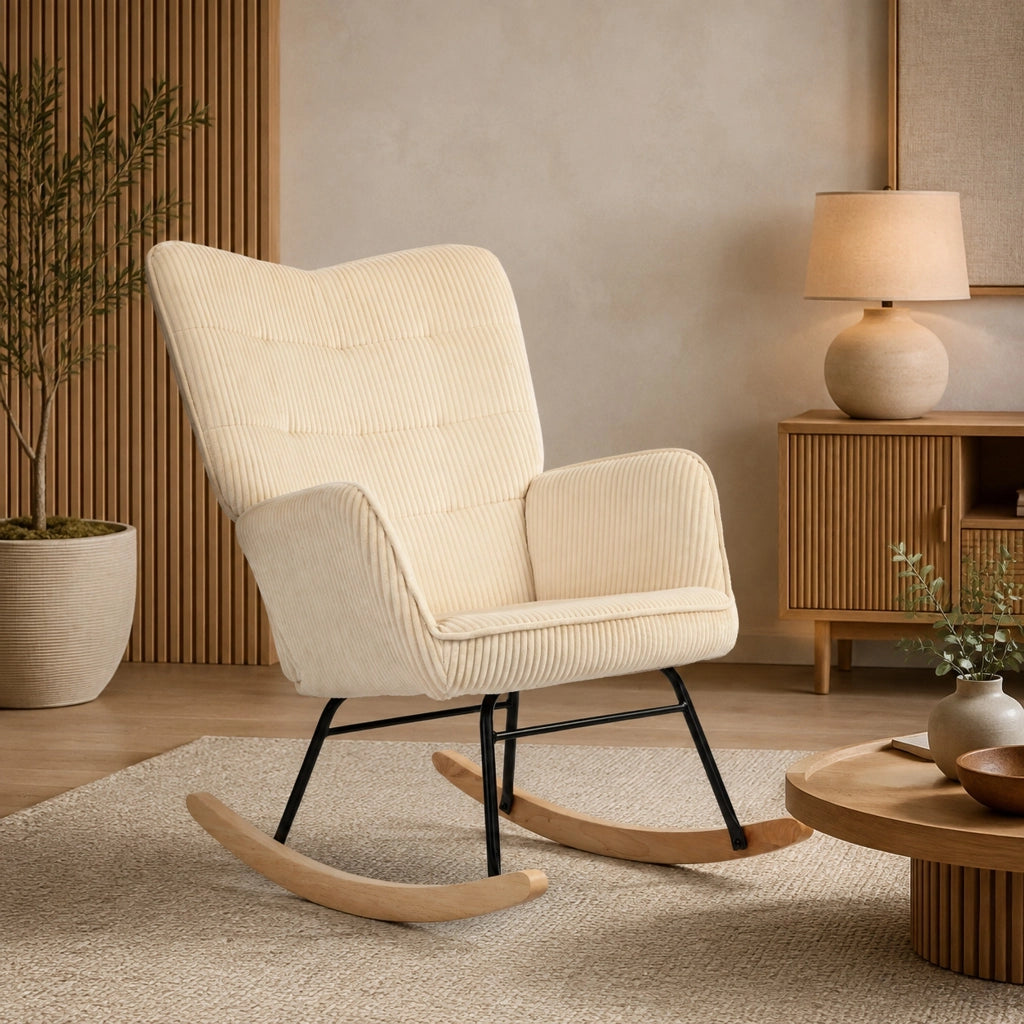 Sedia a dondolo 98x71x101 cm con schienale trapuntato in corda; in legno beige