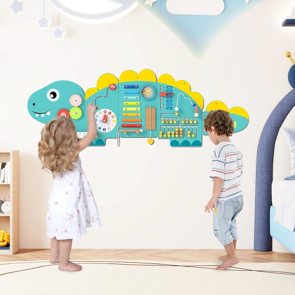 Pannelli da Parete con attività, Busy Board 11 in 1 Montessori in Legno per Sviluppo Sensoriale, Centro di attività Educativo Montato a Parete per Stanza Giochi, Asilo Nido (Dinosauro Verde)