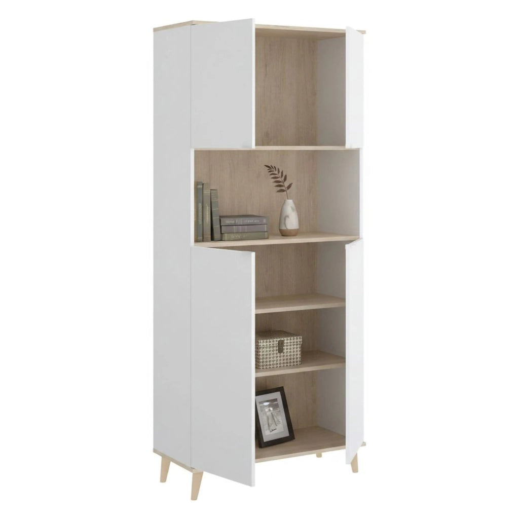 Credenza Acura, Buffet dispensa da soggiorno, Madia da salotto moderna a 4 ante, 80x40h191 cm, Bianco e Rovere