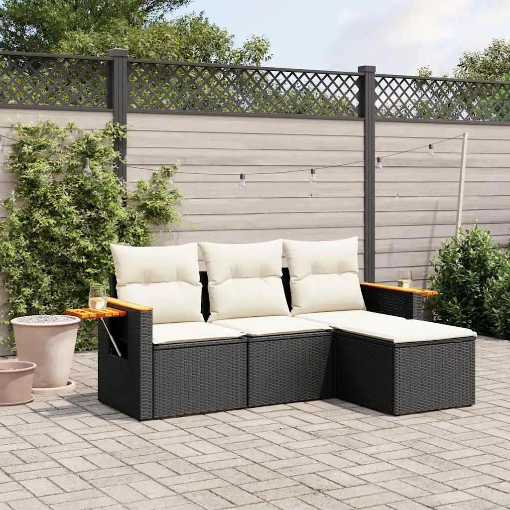 Set Divani da Giardino 4 pz | Set Salotto da Giardino con Cuscini Nero in Polyrattan
