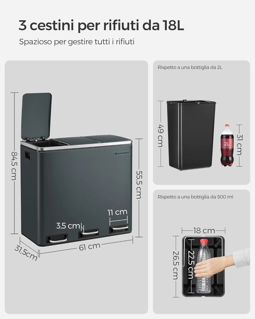 SONGMICS Cestino da Cucina, Pattumiera per Raccolta Differenziata 3 x 18L, 3 Scomparti per Riciclaggio, Coperchi a Chiusura Morbida, Pedali, Acciaio, Grigio Verdastro LTB54GS