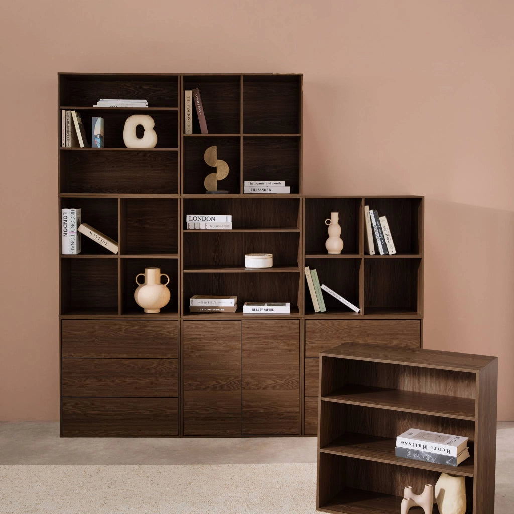Libreria modulare decorativa in legno con 9 elementi, noce