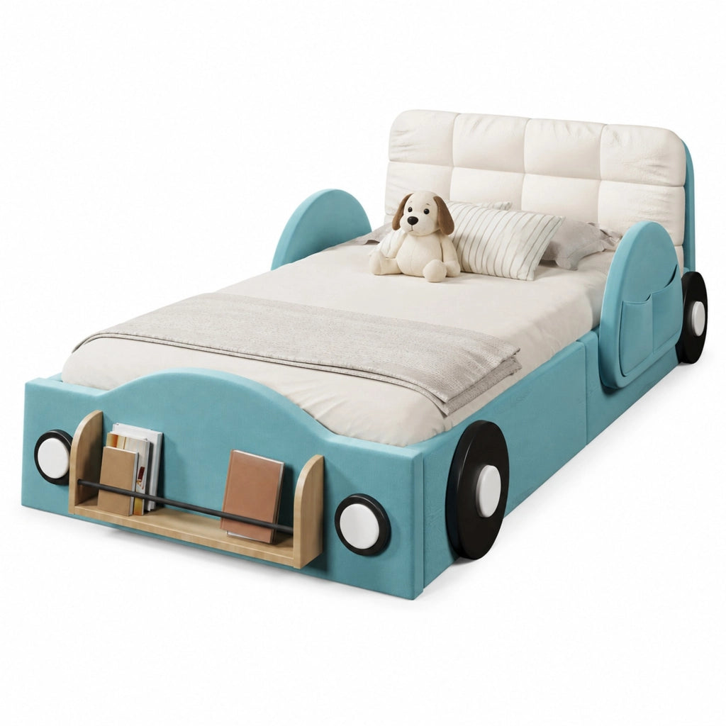 Letto imbottito 90x200 cm con contenitore idraulico in flanella blu e cuscino