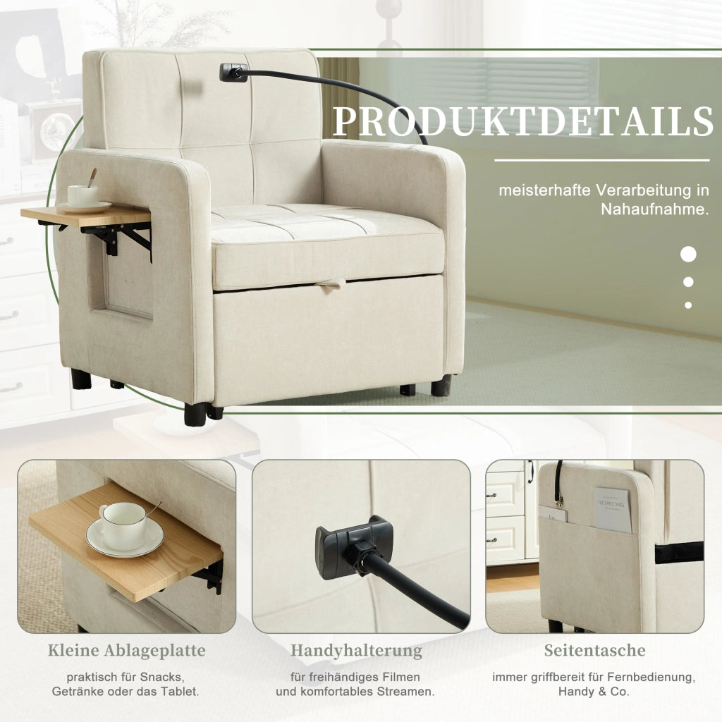 Poltrona letto convertibile con schienale regolabile e tasche laterali in chenille beige