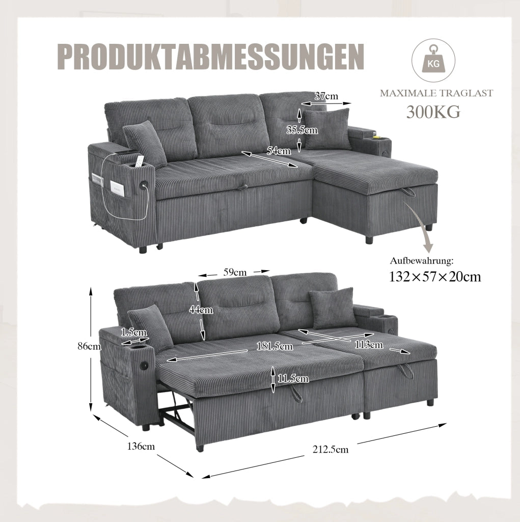 Divano letto 212.5x136x86 cm con penisola idraulica; letto estraibile in corduroy grigio carbone