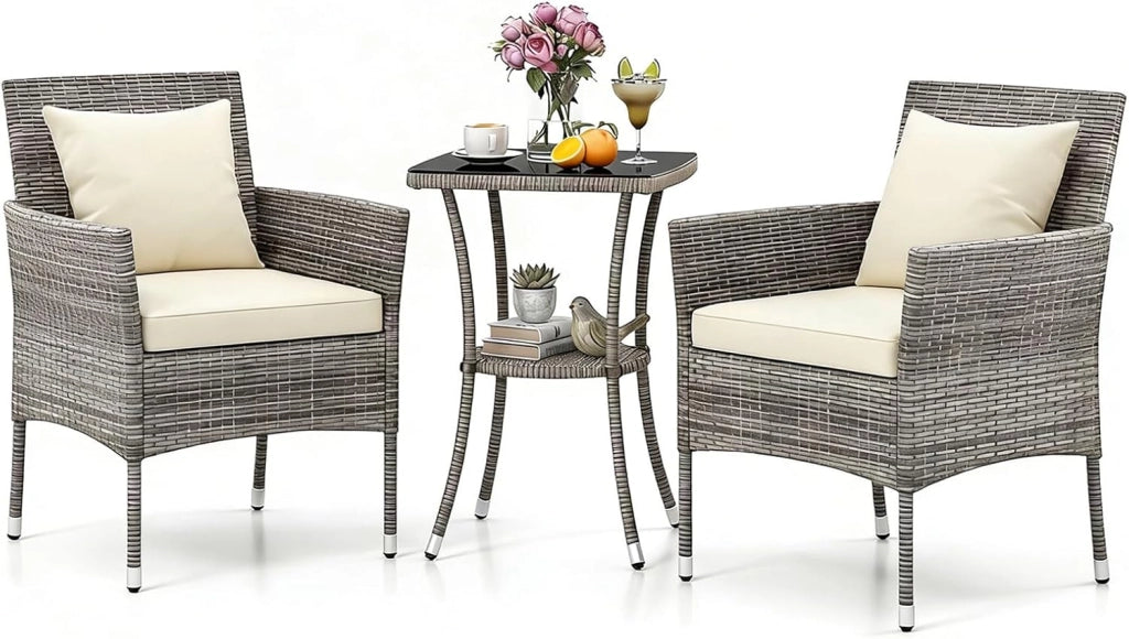Set Mobili da Balcone 3 Pezzi, Set da Bistrot con Tavolo e 2 Sedie in Rattan con Cuscini, Mobili da Giardino per Balcone e Esterno