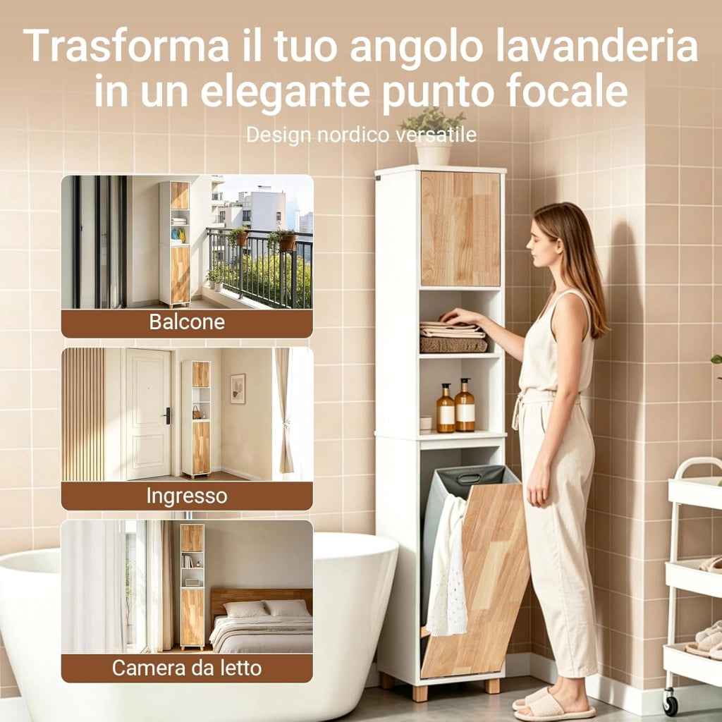 Mobile Bagno - Mobiletto Bagno Salvaspazio con Cesto Portabiancheria Pieghevole, Mobile Alto e Stretto in Legno Resistente all’Umidità, Bianco, 31x170x32 cm, BZR74-W