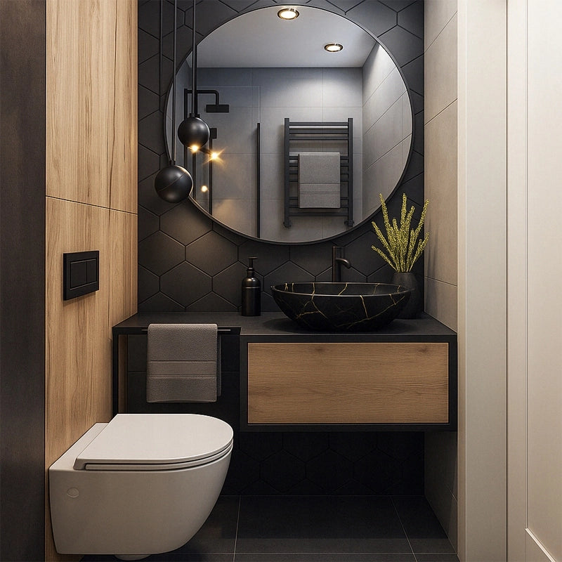 Lavabo da appoggio in ceramica, nero opaco con venature marmorizzate, ovale, 41x34,5 cm