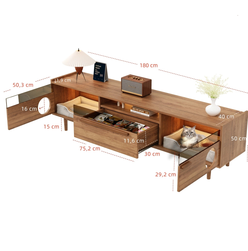 Mobile TV 180x40x50 cm con illuminazione LED e vano per gatti in MDF; noce