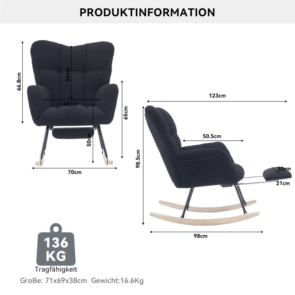 Sedia a Dondolo con Poggiapiedi Pieghevole; Schienale Alto Ergonomico e Braccioli Imbottiti; in Bouclé Nero