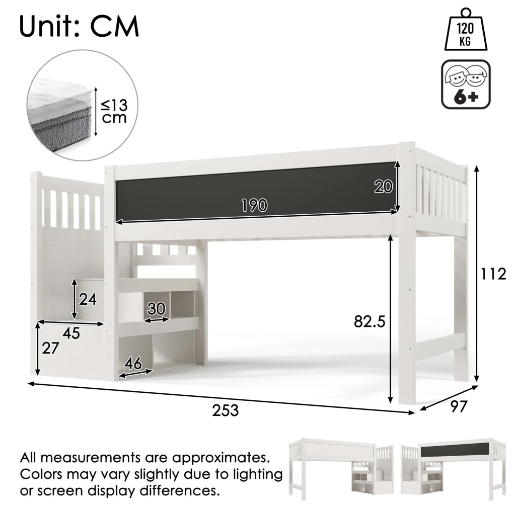 Letto a soppalco per bambini 90x200 cm bianco con scala contenitore