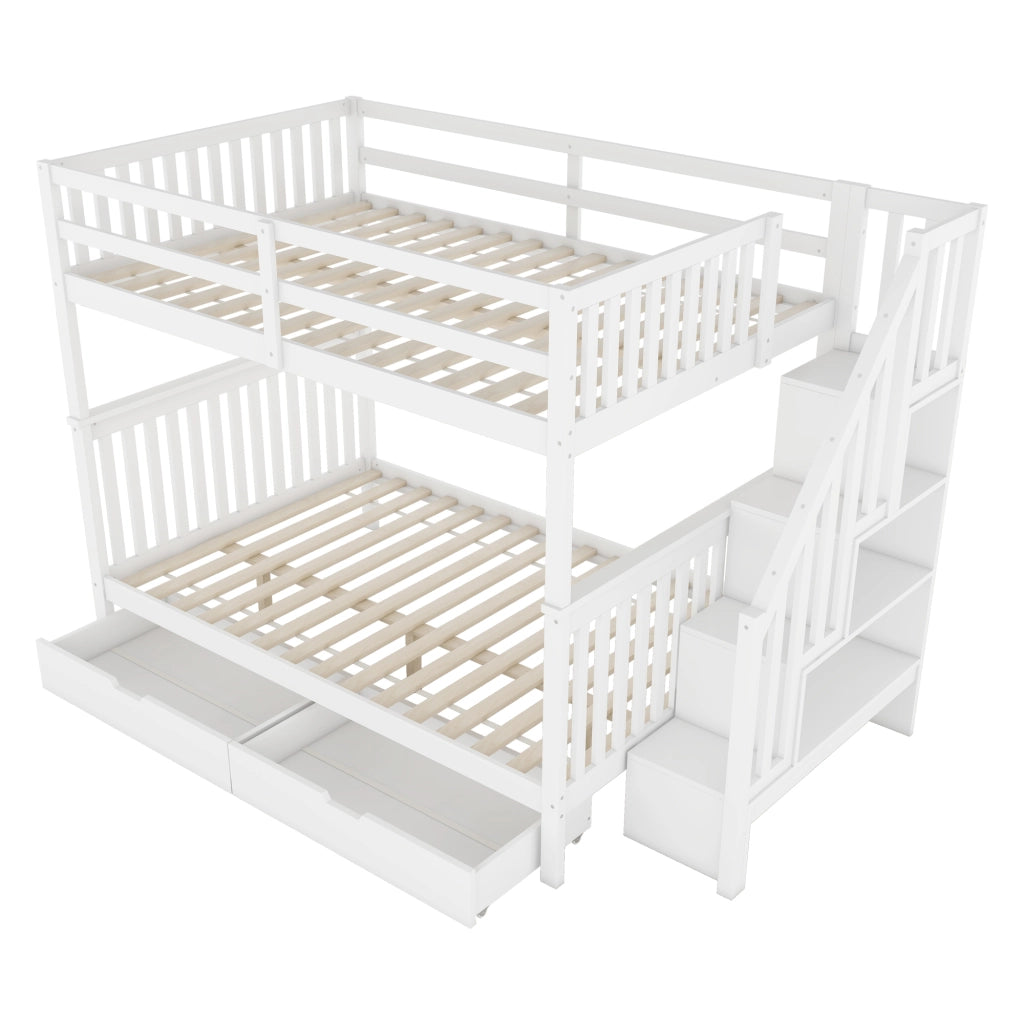 OKWISH Letto a Castello 140×200 cm, Letto Matrimoniale con Scala con Ripiani, 2 Cassetti e Sponde Alte, senza Materasso, Bianco