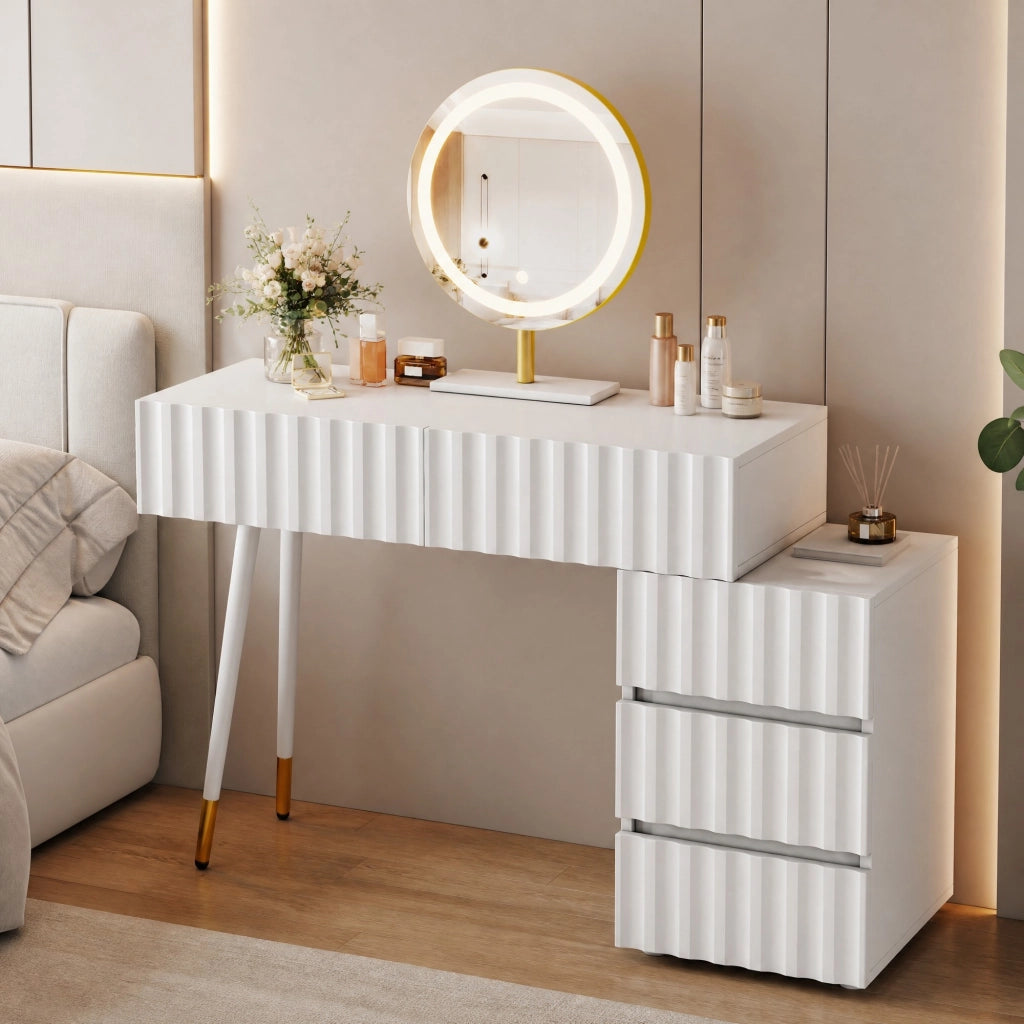Tavolo da trucco bianco con specchio LED, 5 cassetti e mobile laterale, 100x40x127 cm