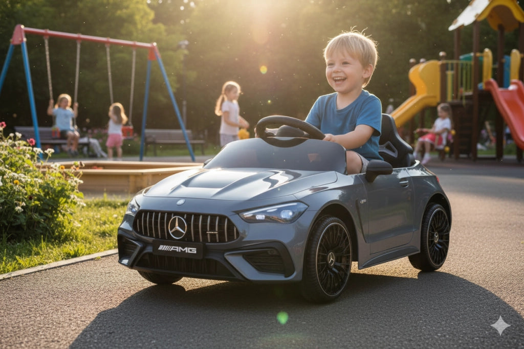 Macchina Elettrica per Bambini 12V Licenza Ufficiale Mercedes CLE53 Sedile in Pelle Grigio