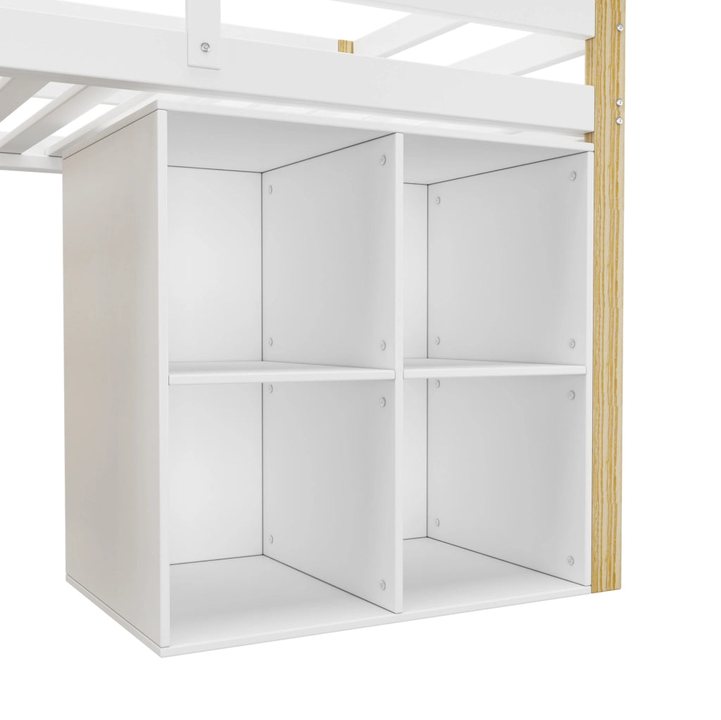 Letto a soppalco per bambini 90x200 cm in legno massello e MDF; naturale e bianco; con 2 contenitori e scala