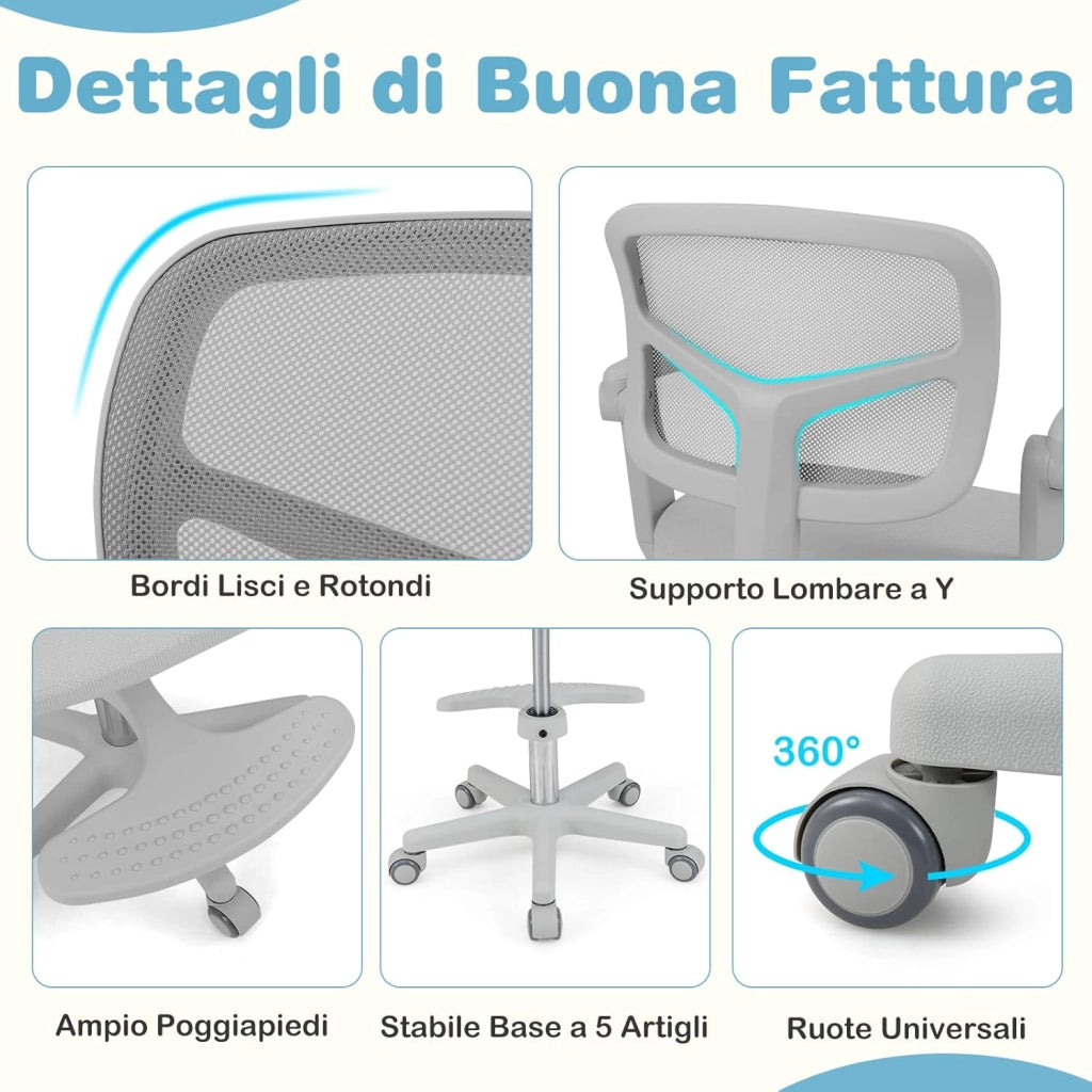 Sedia da Scrivania Bambini Girevole, Altezza Regolabile, Sedia da Studio per Ragazzi con Braccioli a Ribalta e Poggiapiedi, Poltrocina in Rete per Bambini 3-15 Anni, Portata 150 kg (Grigio)