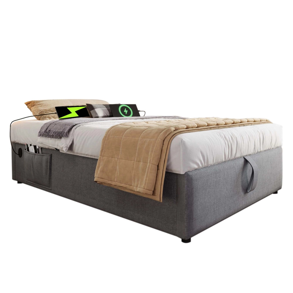 Letto Contenitore Letto Singolo 90 x 200 cm con USB; USB-C e Tasca Laterale; senza Materasso; Grigio