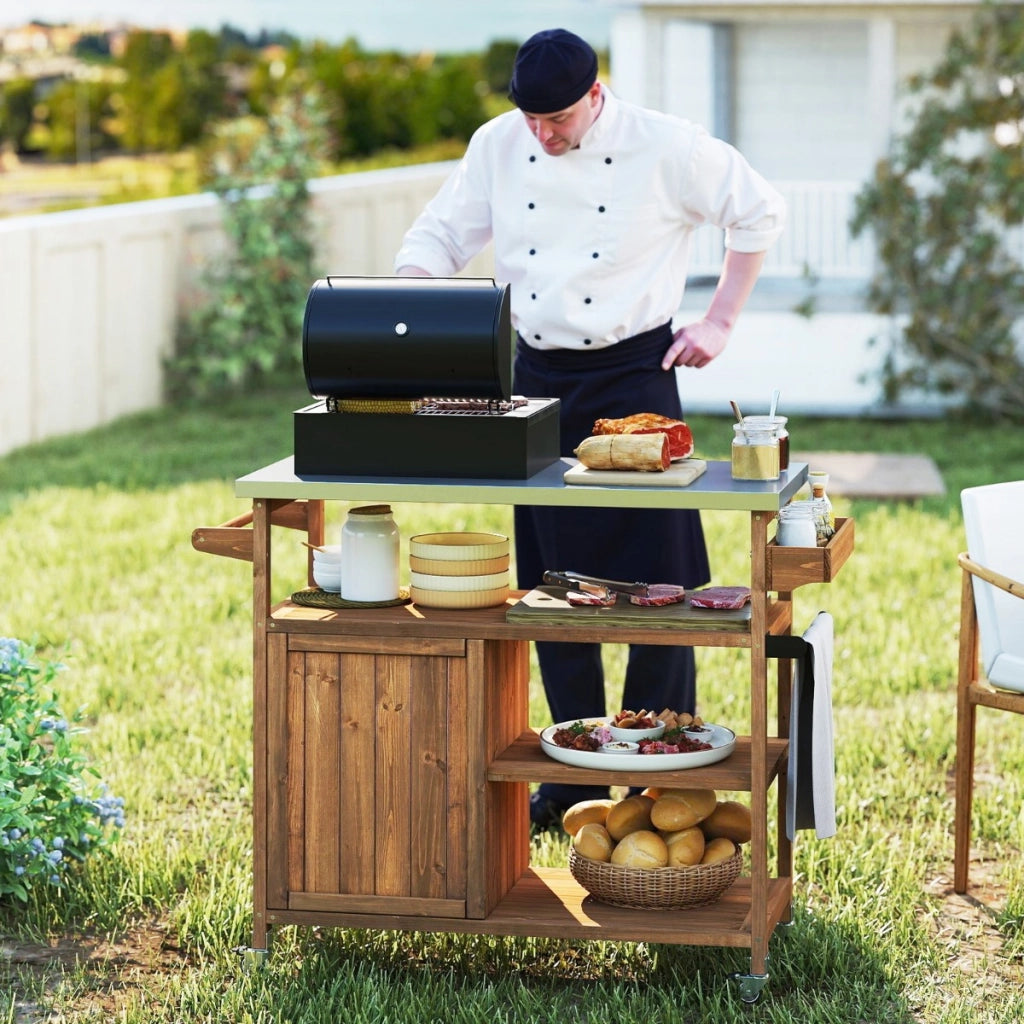 Carrello barbecue in legno con spazio di conservazione isola da cucina esterna, Carrello con 3 ripiani aperti e mobile-Carrelli