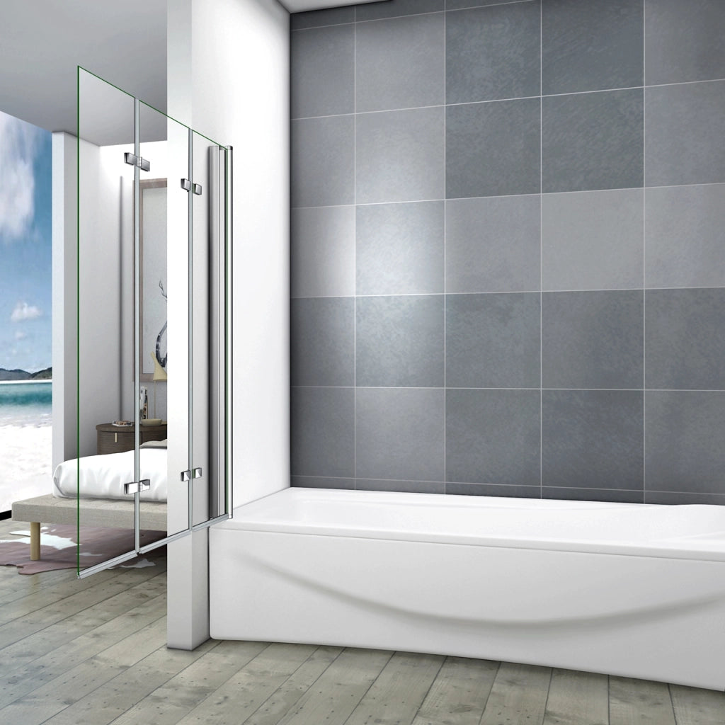 Parete Doccia Per Vasca da Bagno 130x140 cm 3 Ante Movibili Pieghevoli a Libro in Vetro Temperato 6 mm Trasparente Anticalcare Telaio Cromo Lucido