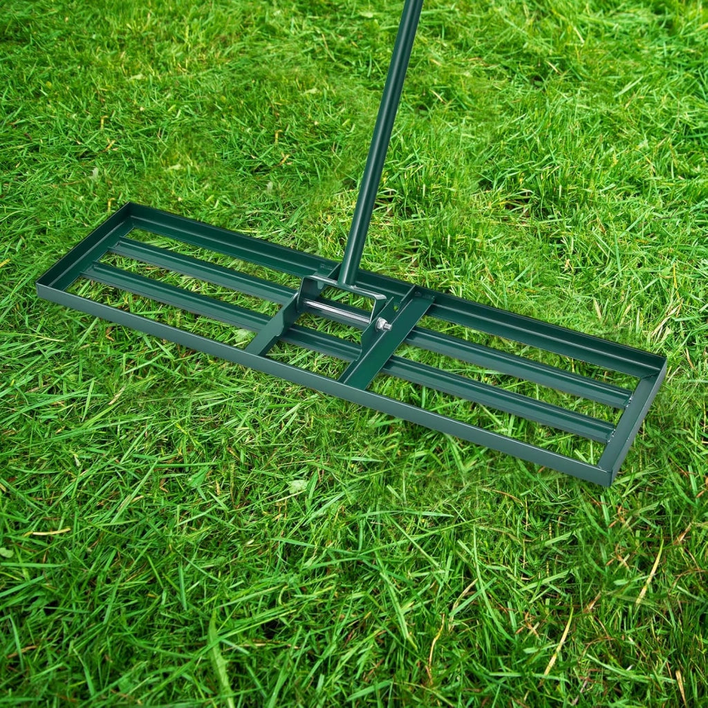 Rastrello Livellatore per Prato 170 cm, Raschietto Livellatore in Metallo Robusto con Manico Lungo e Spesso, Livellatrice per Terreno, Ghiaia, Orto ed Erbacce da Giardino (91 x 25 cm, Verde)