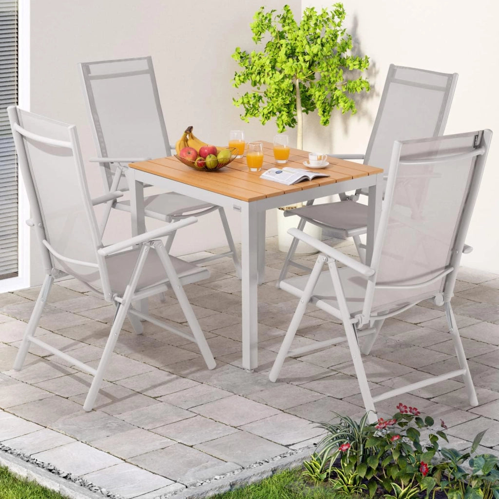 Tavolo e Sedie da Giardino Alluminio 4 Seggiole Pieghevoli 1 Tavolo WPC 80x80 Color Legno