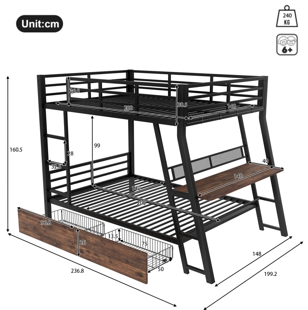 Letto a soppalco 140x200 cm con scrivania LED e cassetti