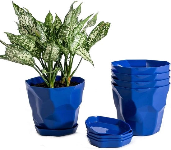 Set di 5 vasi in plastica per piante per interni ed esterni in stile scandinavo contenitori per piante con base con maniglia per ufficio casa negozi decorativi (blu)