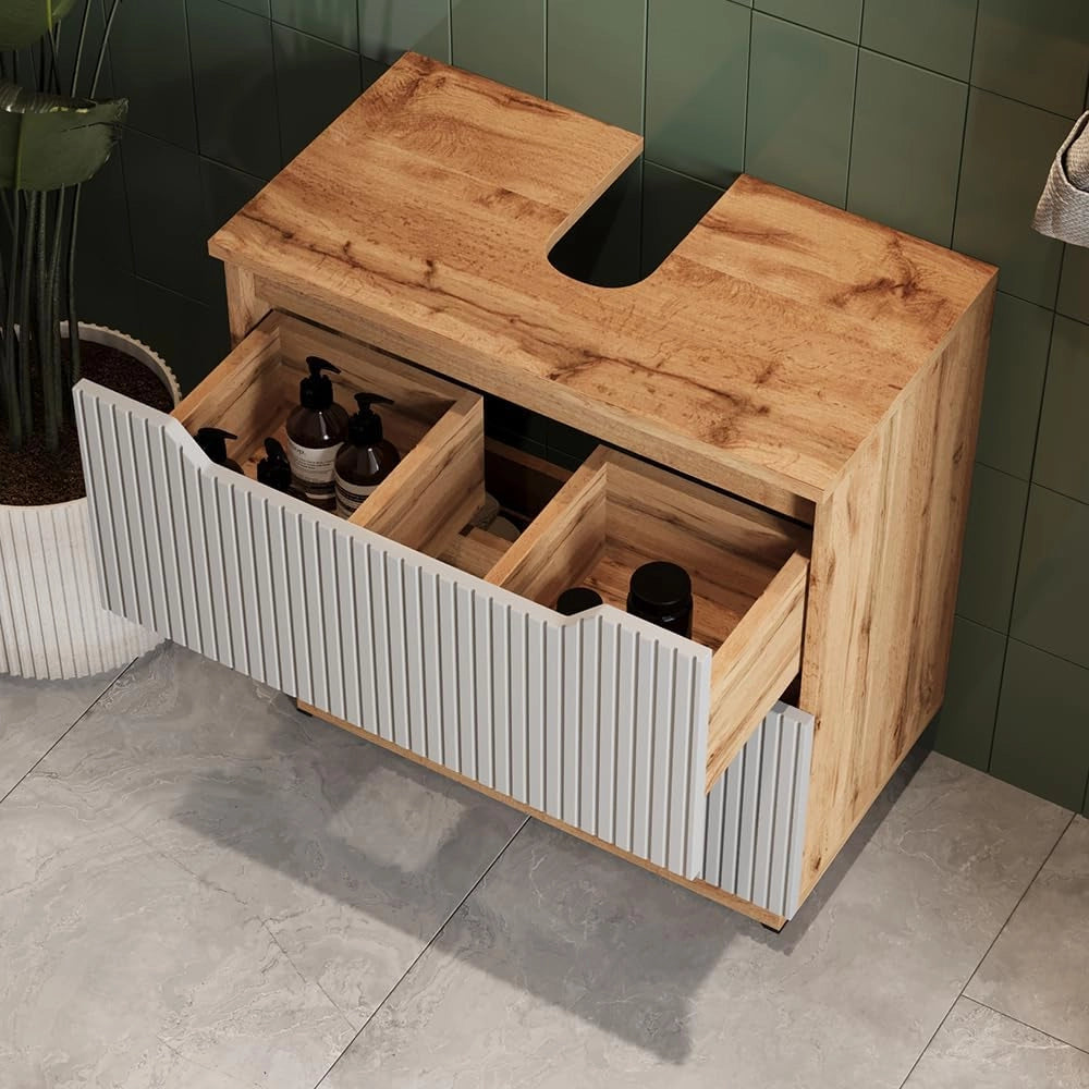 Set di mobili da bagno Lotta, Rovere/grigio a righe, 3 parti