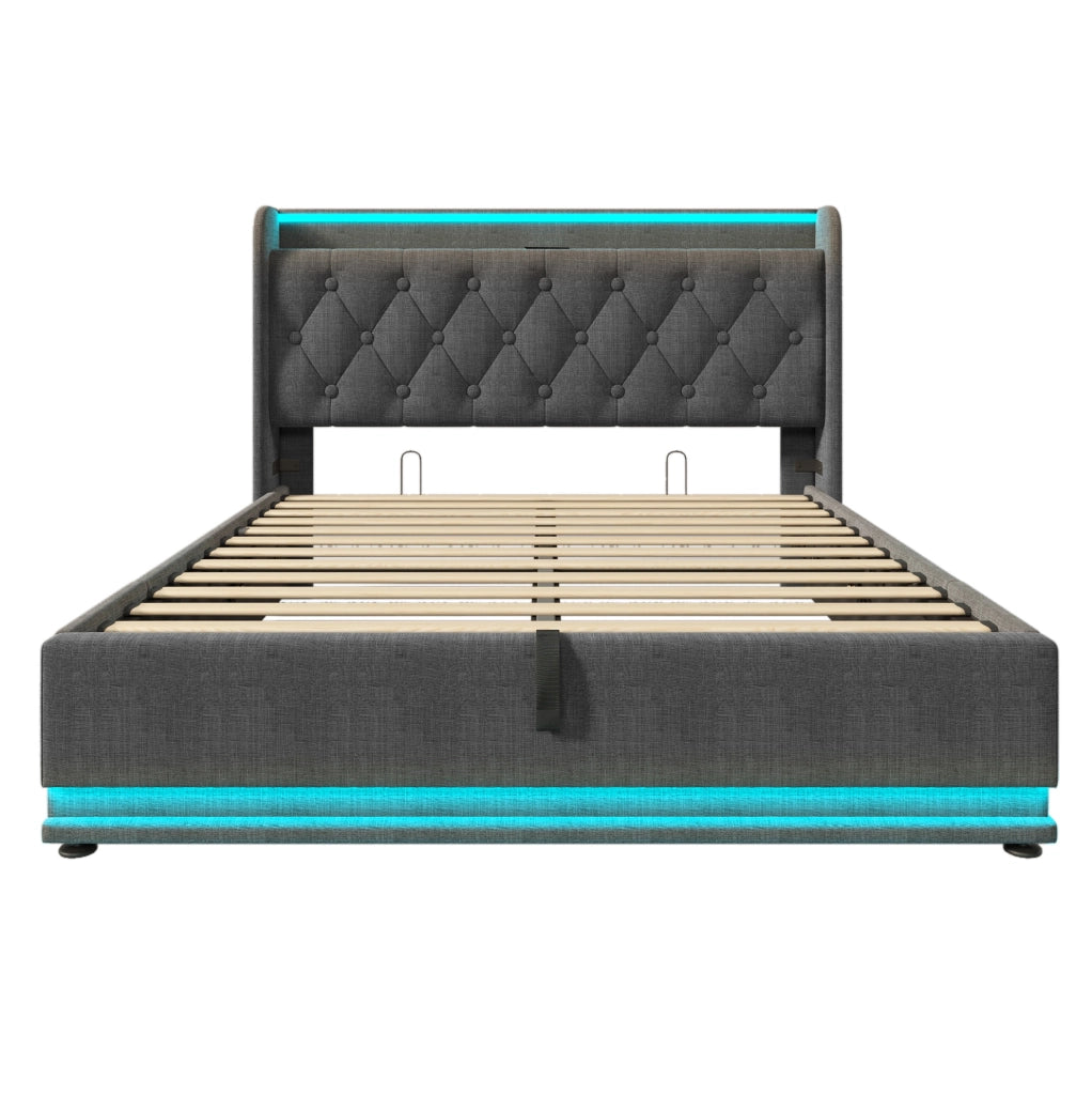 Letto matrimoniale 140x190 cm con contenitore; LED 360°; USB e Type-C; grigio