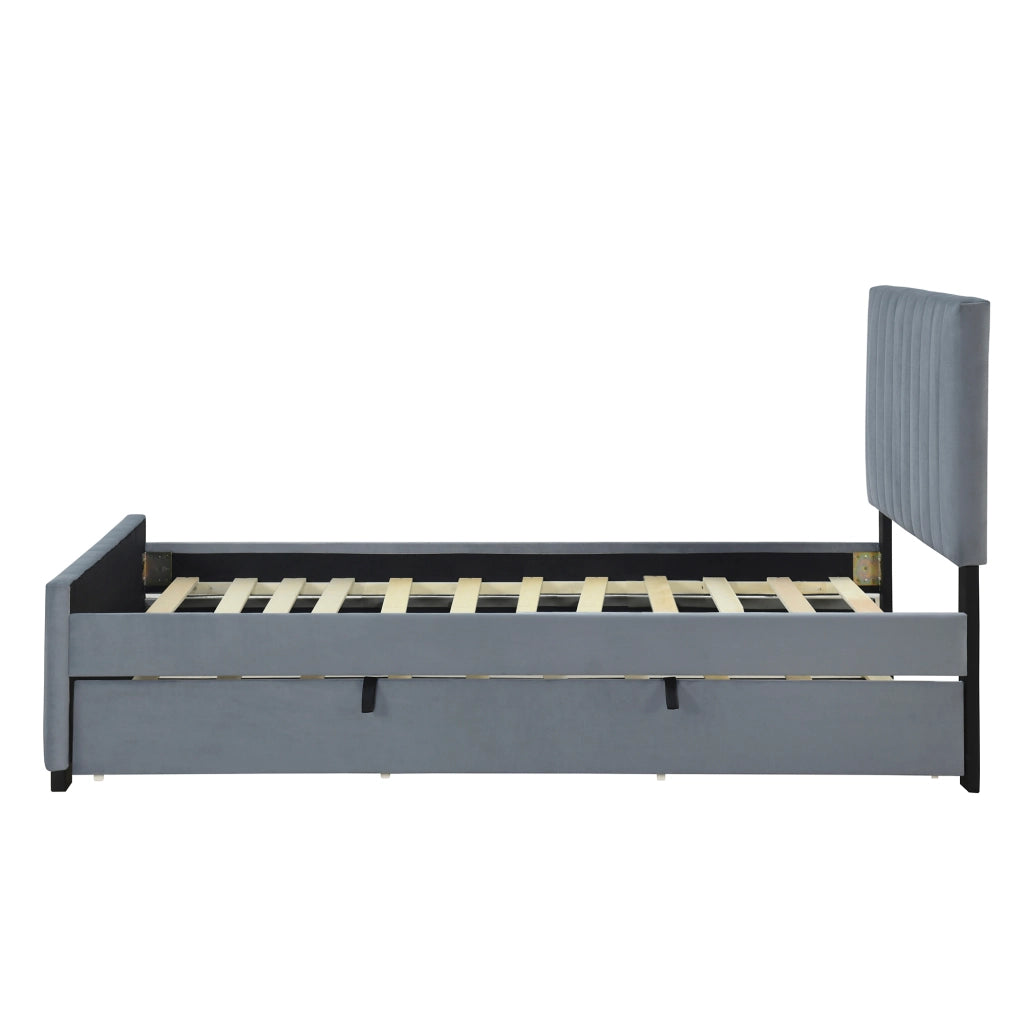 Letto imbottito singolo 90×190 cm e 190×90 cm con letto estraibile e rete; senza materasso; velluto; grigio