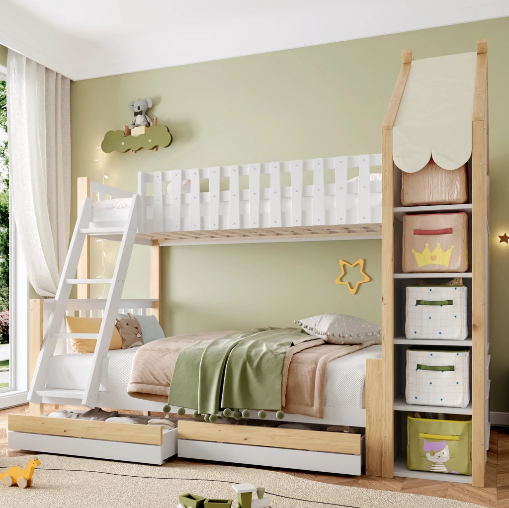 Letto a castello per bambini 90x200 cm + 140x200 cm con scala; 2 cassetti e contenitori; bianco e naturale