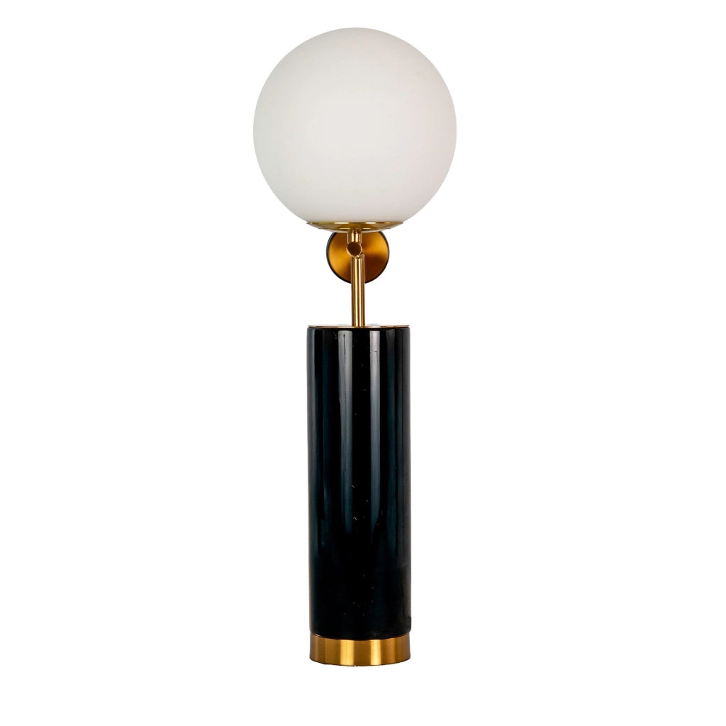 Lampada da tavolo in vetro bianco, acciaio lucido dorato e base in marmo porcellanato