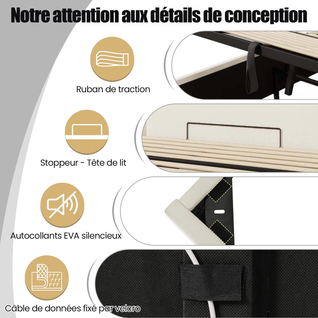 OKWISH Letto Contenitore 180×200 cm, Letto Matrimoniale con LED 360°, USB, Tipo C e Ricarica Rapida 20 W, senza Materasso, in PU, Bianco
