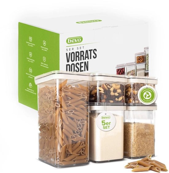 Set di 5 contenitori di conservazione PET con coperchi per alimenti - contenitori di conservazione a tenuta d'aria e scatole di conservazione BPA libera - Scatole per il contenimento e l'organizzazione di cereali per colazione, farina, pasta e riso