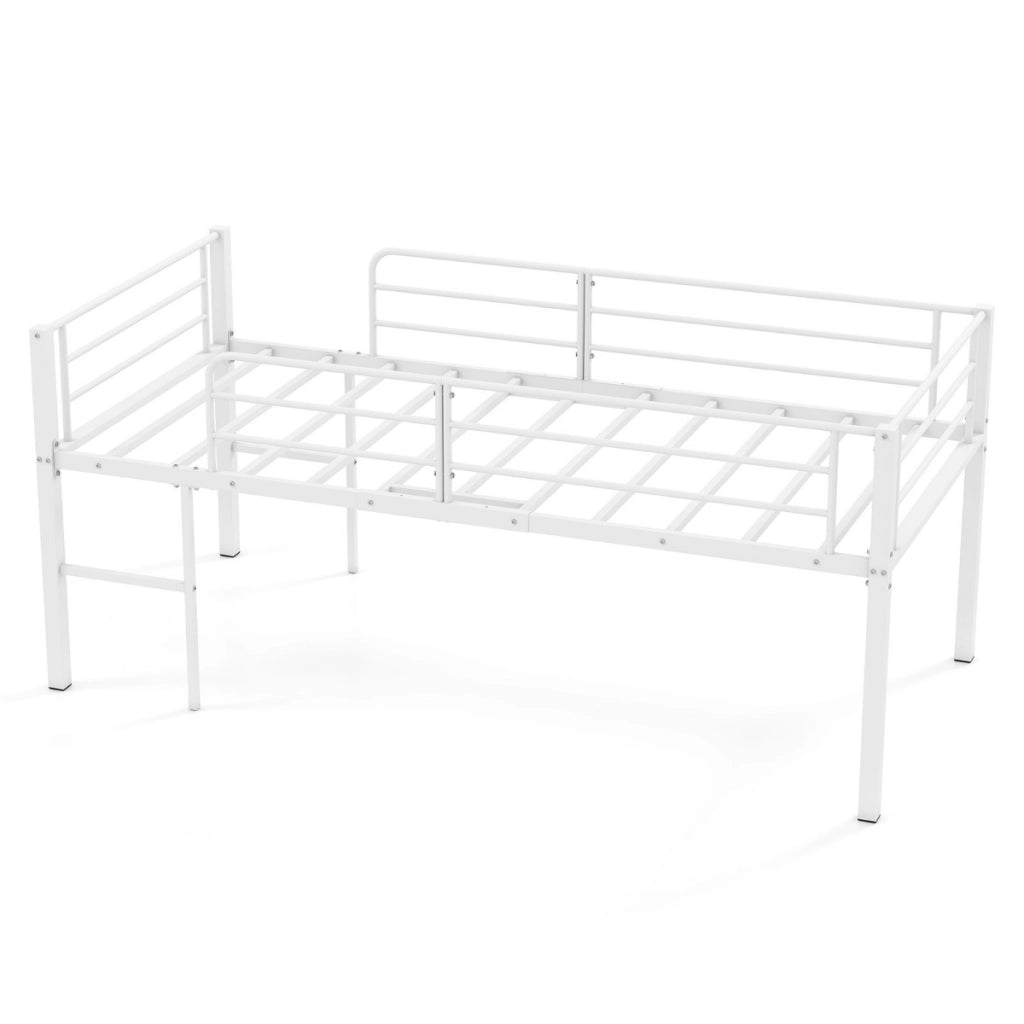 Struttura letto in metallo con sponde di sicurezza e 2 scale, Letto a soppalco singolo a bassa altezza per ragazzi Bianco-Letti e strutture