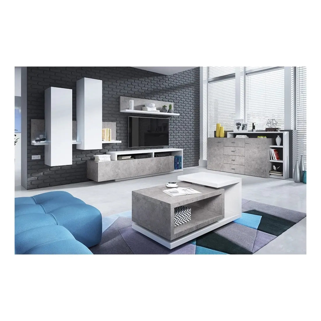 Scaffale da muro design 150 cm colore bianco e grigio effetto cemento – Collezione BERGAMO