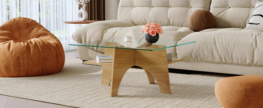 TAVOLINO Quadrato 80 cm Vetro temperato Trasparente e MDF Effetto legno chiaro