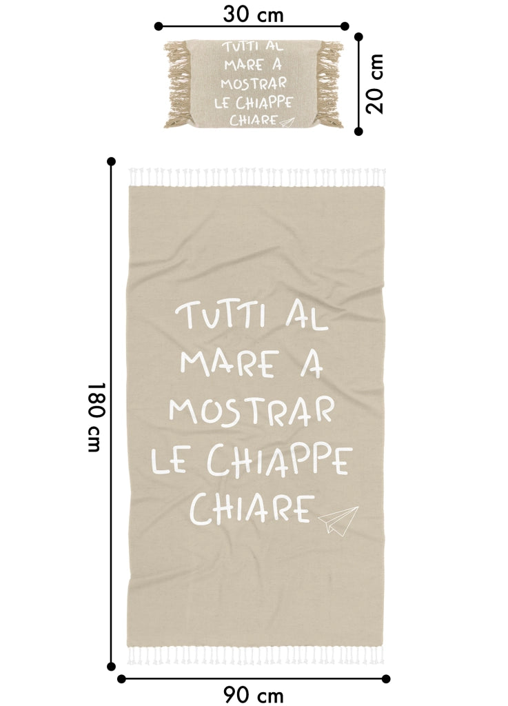 Telo Mare Con Frange Asciugamano Da Spiaggia Misura Grande 90x180 Cm Con Pochette Astuccio Assorbente In Morbido Cotone Leggero Stampa Tutti Al Mare AntiSabbia Lettino Vacanze Piscina Beige